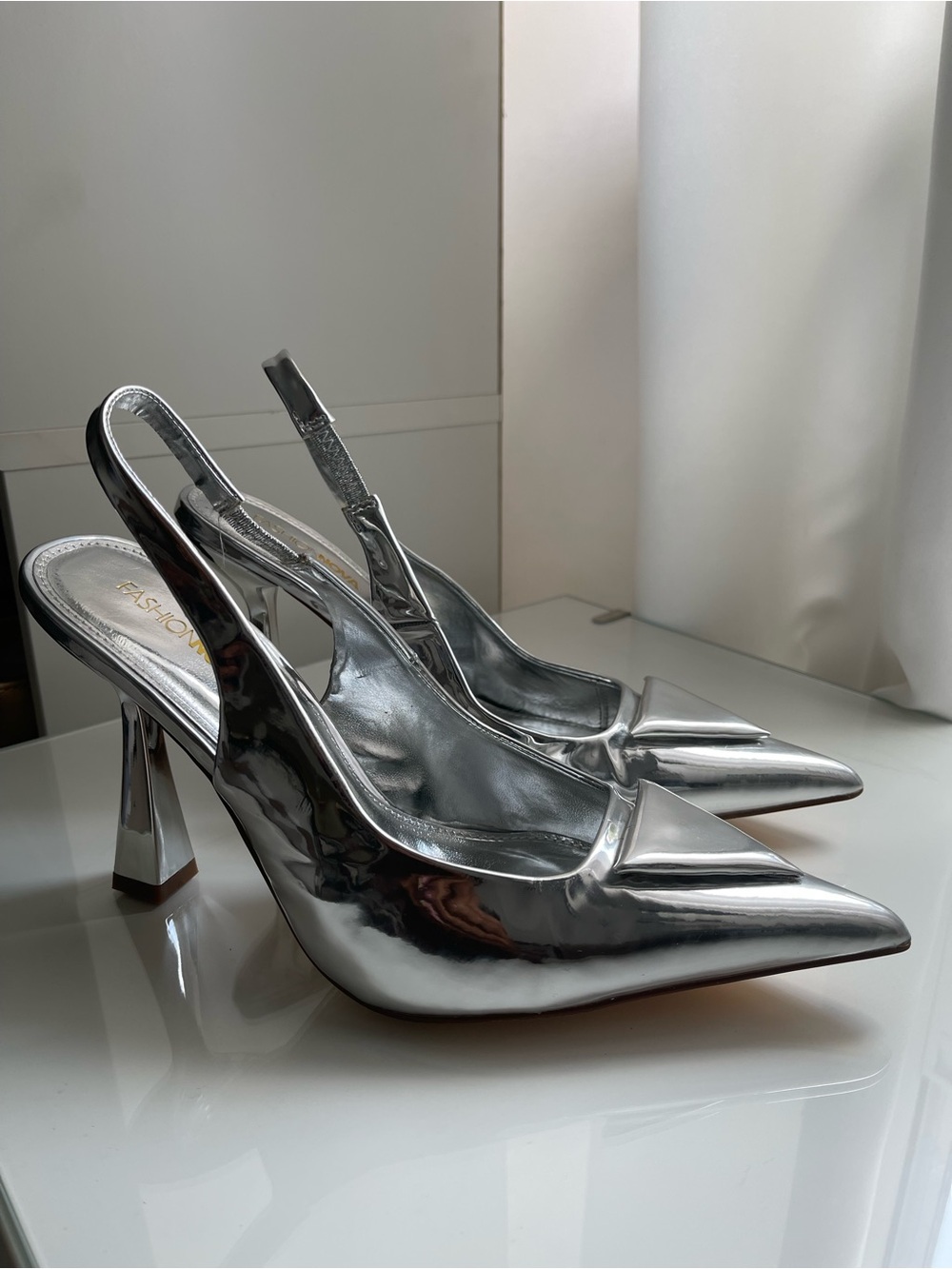 NEW! Fashion Nova Silver Pointed-Toe Slingback Heels |